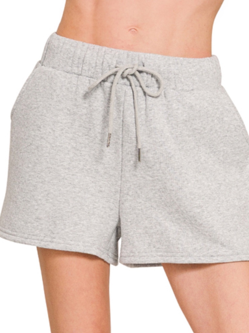 Zenana Heather Gray Fleece Drawstring Shorts with Pockets – S, M, L